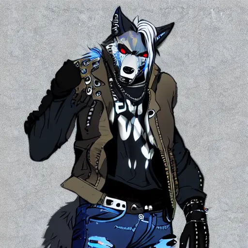 A anthro wolf furry in a jean vest with pins Cyberpunk punk rock original