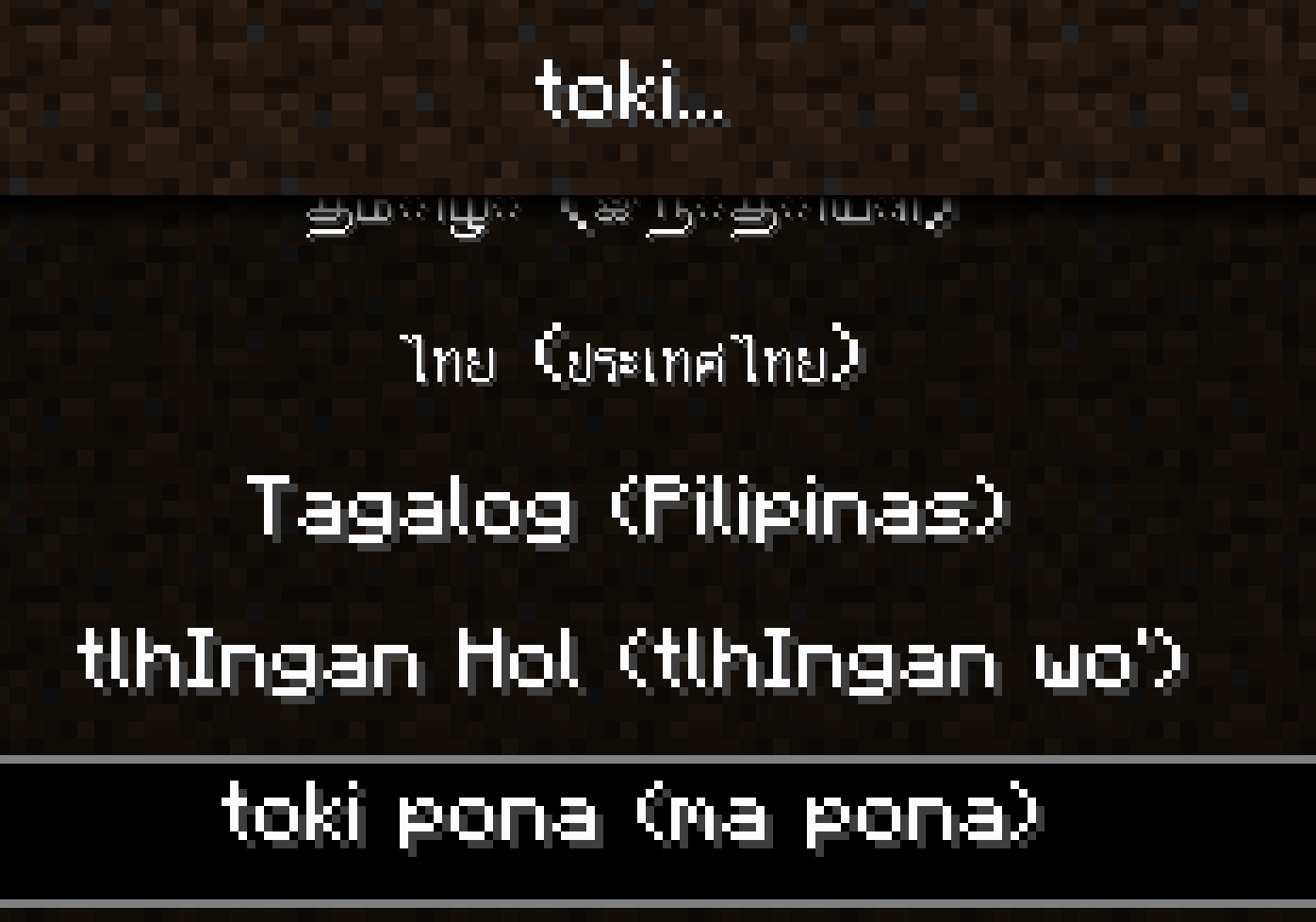 Mincraft language menu with toki pona selected
